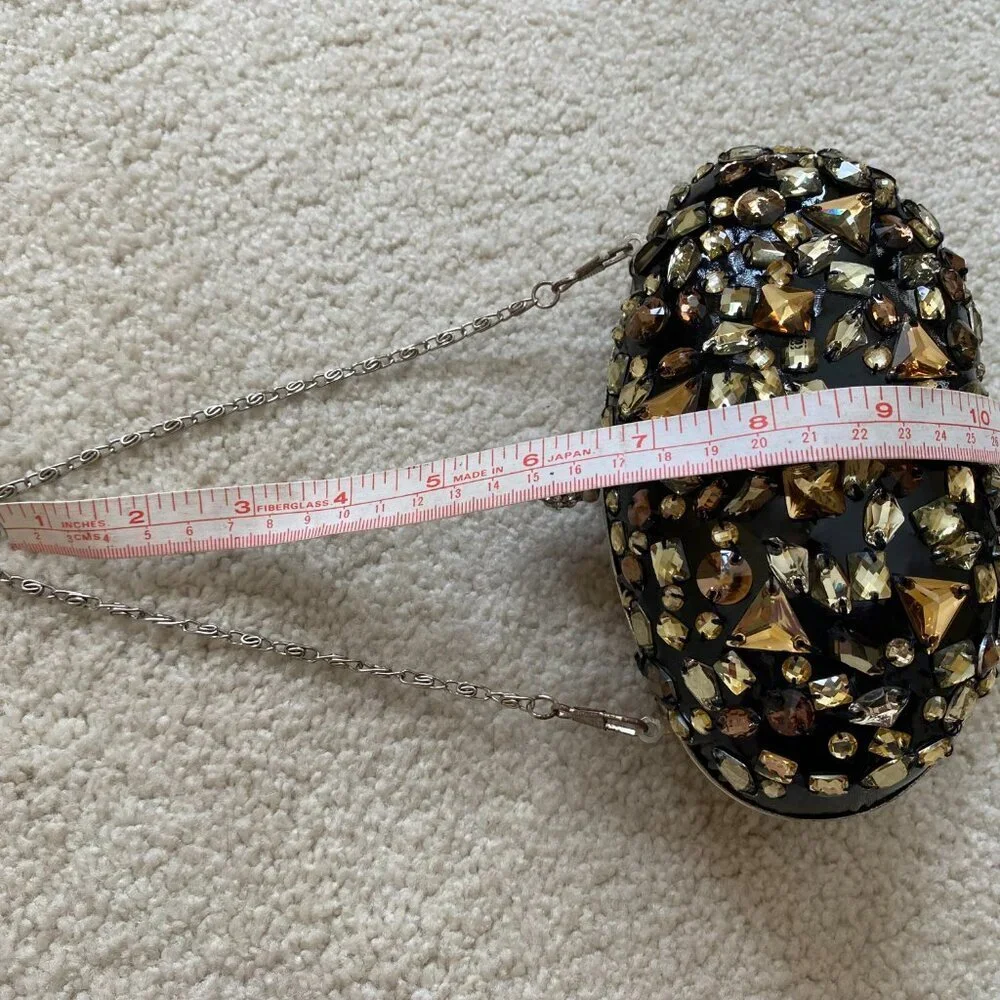 NWOT, bejeweled clamshell purse, chain strap, rhinestone clasp.
